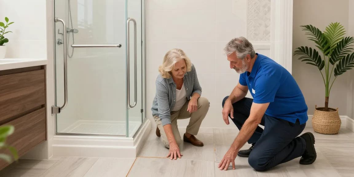 Safe home renovation for 安家 with elderly couple in a modern bathroom focusing on accessibility features.