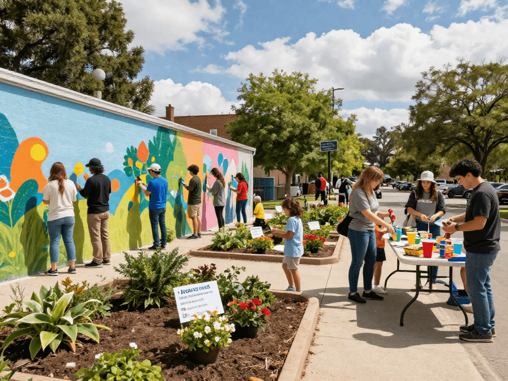 Community engagement at https://neam.org.uk with volunteers painting a mural and planting flowers.