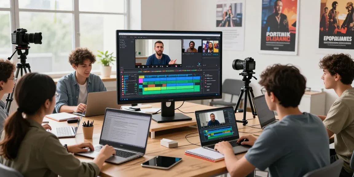 Students engaging in an online video production certification course, collaborating with editing software in a modern workspace.