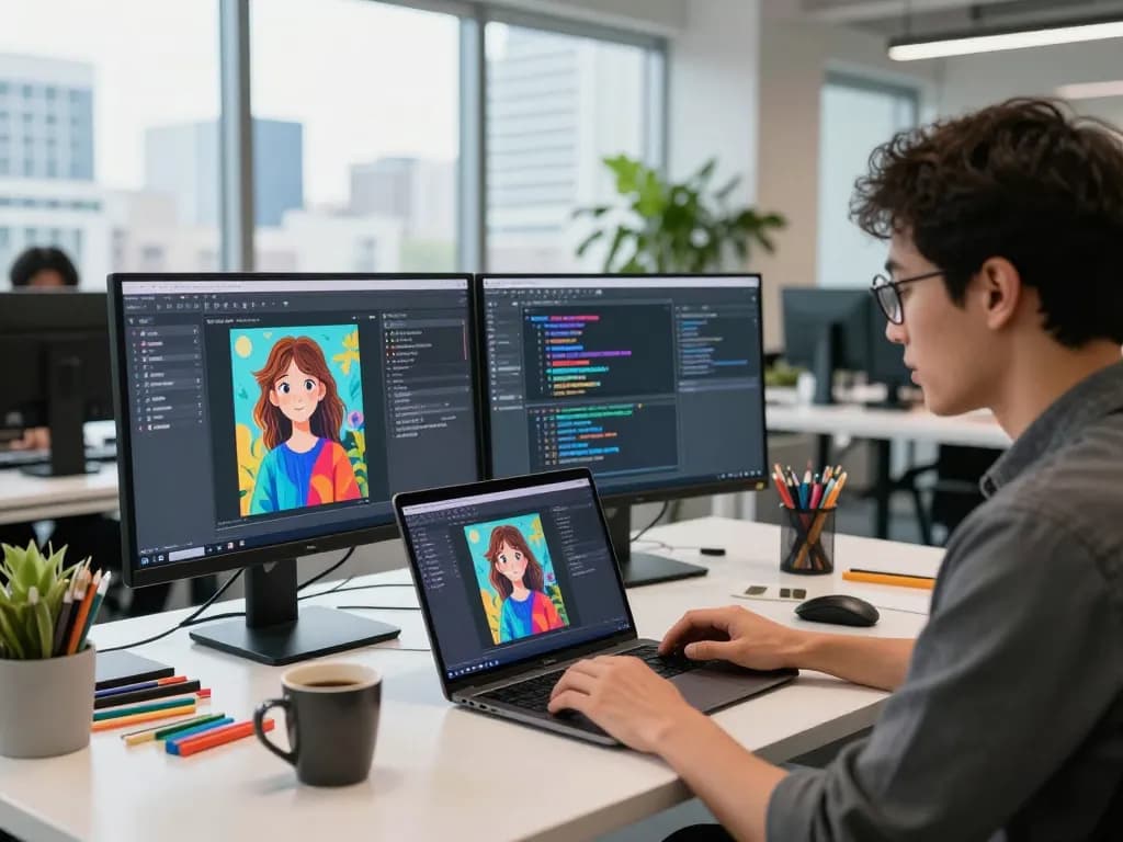 Engaged user utilizing the image to prompt generator, showcasing vibrant workspace with dual screens and AI visuals.