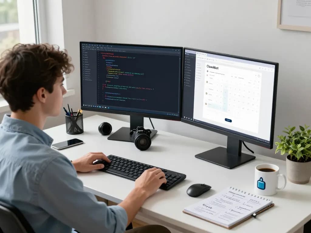 Dynamic workspace featuring ClawdBot AI managing tasks on dual screens with a young professional, illustrating tech efficiency.