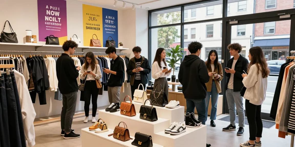 Shoppers exploring stylish 레플리카 fashion items in a vibrant urban store environment.