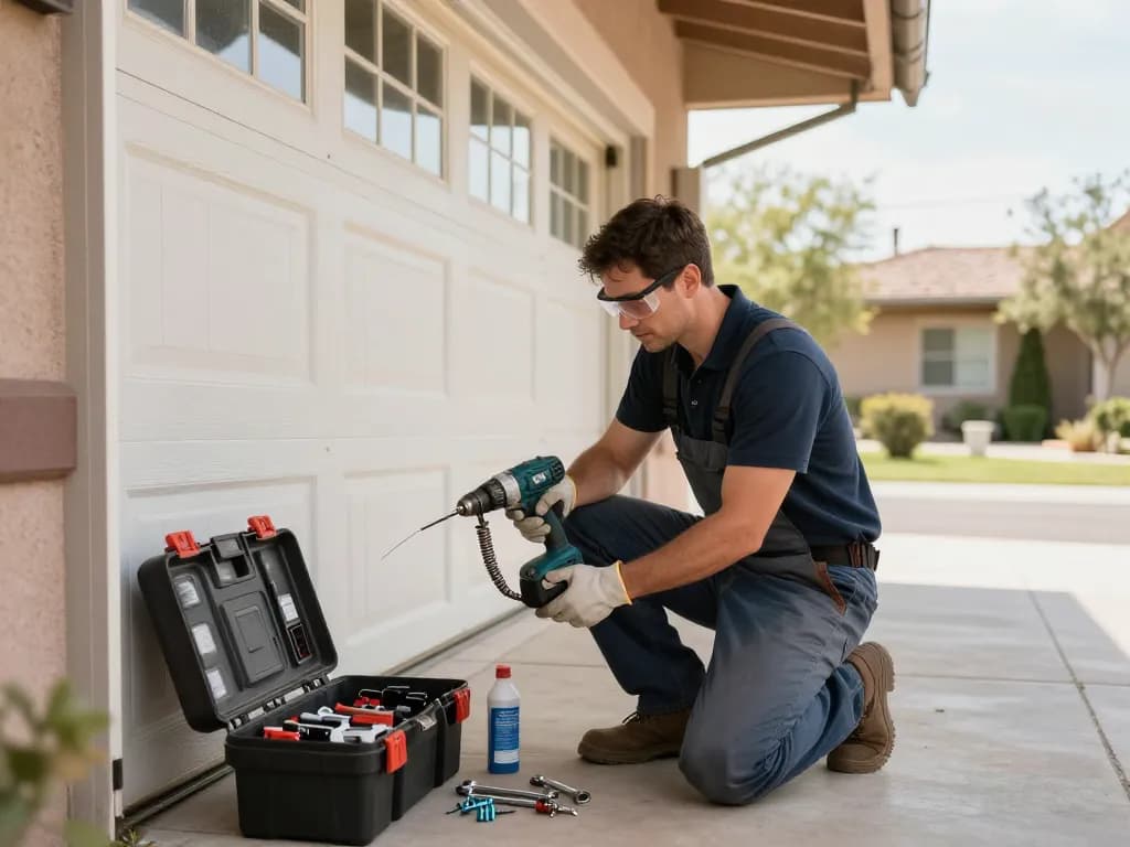 Expert technician performing garage door repair in Cave Creek AZ with tools and residential backdrop.
