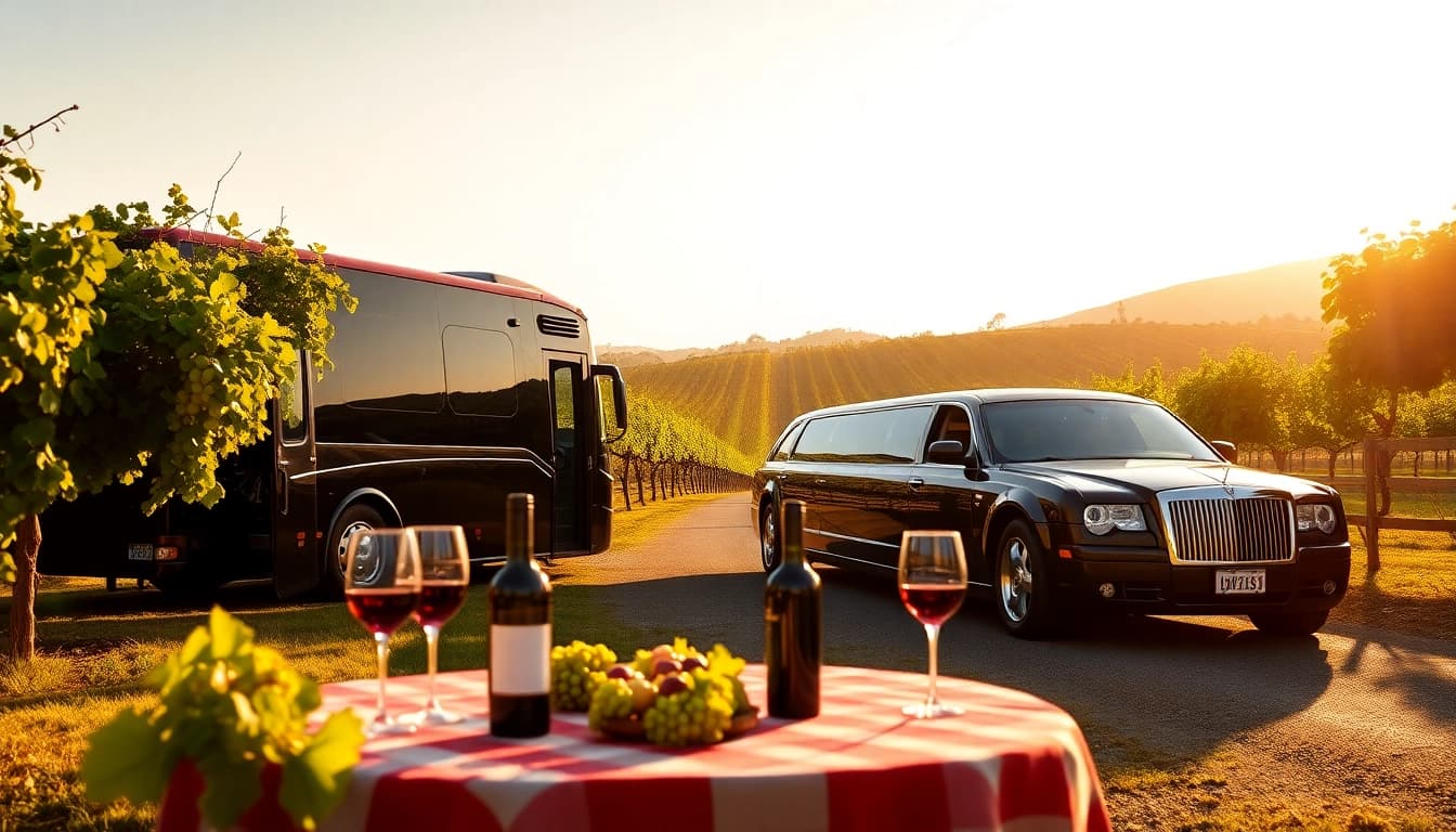 Enjoying a limo bus wine tour with scenic vineyards and a luxurious atmosphere.
