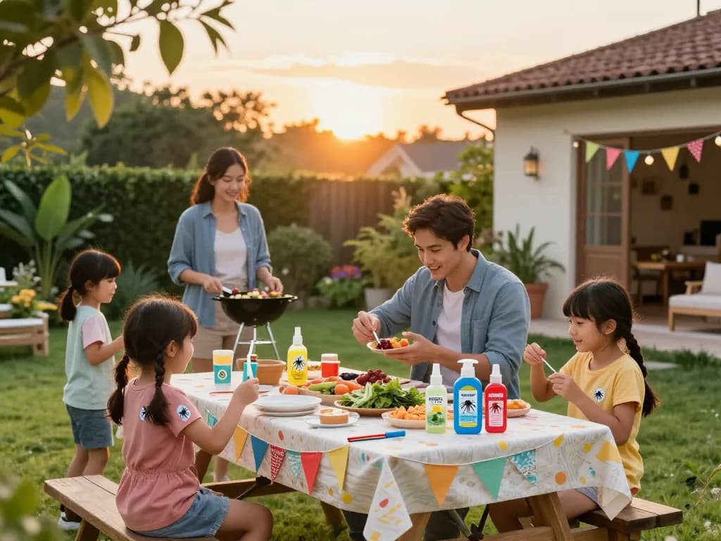 Gathering outdoors with the Best Mosquito Repellent protecting guests from bugs during a summer barbecue.
