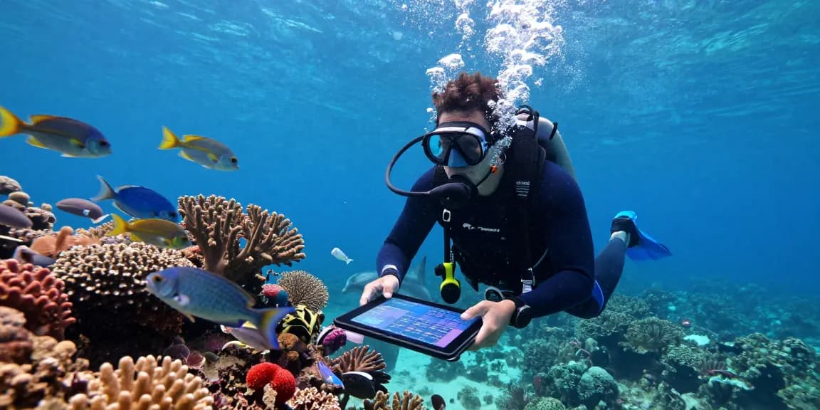 Marine biologist using a hydrophone underwater to study aquatic life.