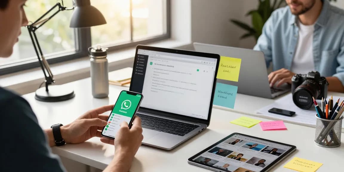 Engaging workspace showcasing WhatsApp下載 on smartphone, laptop, and tablet in a modern tech environment.