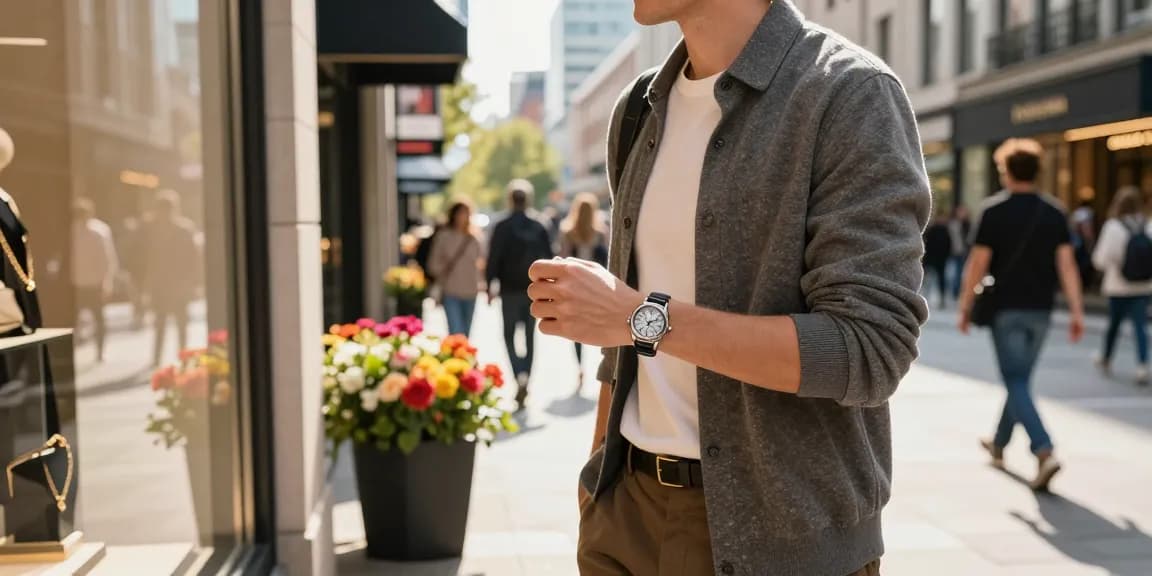 Fashionable individual wearing a premium clone watch in an urban setting, showcasing luxury style.
