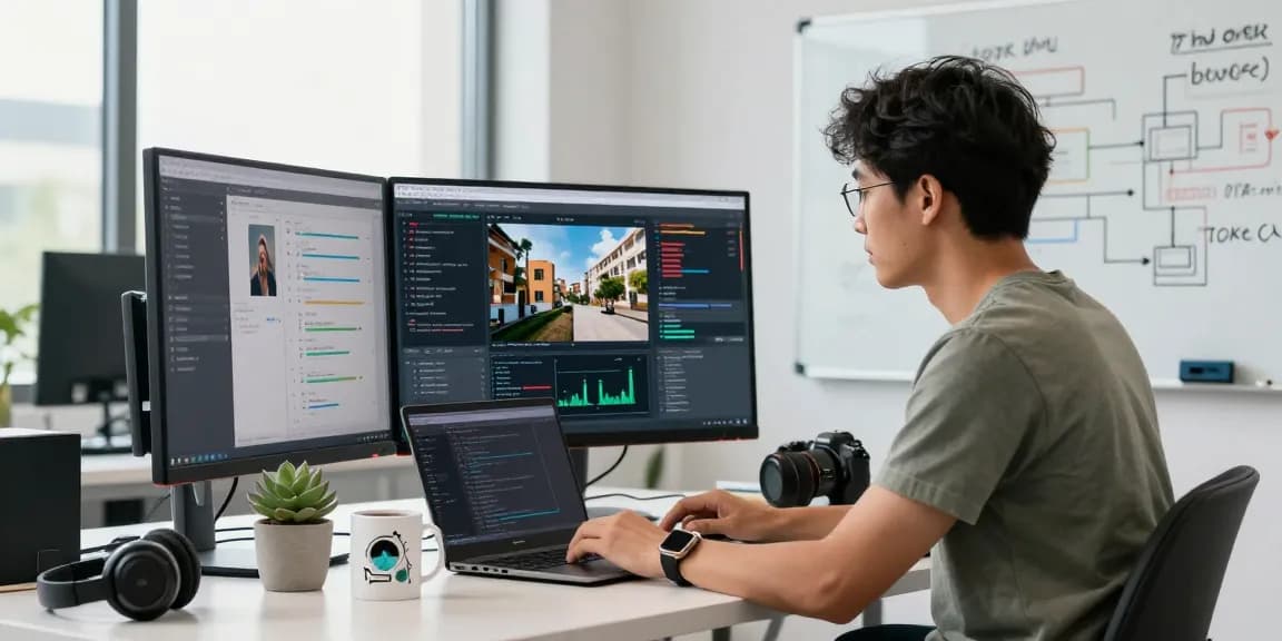 AI image detector analysis in a modern workspace with a data scientist reviewing results on a high-resolution monitor.