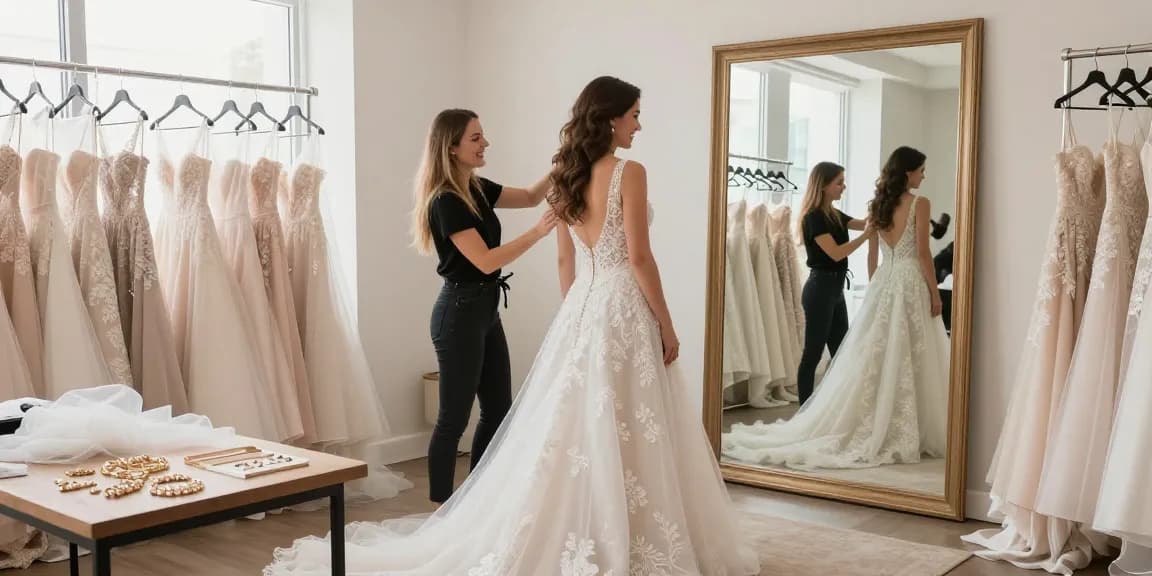 Consulenza di bridal styling con stylist che assiste alla prova di abito da sposa in studio luminoso.