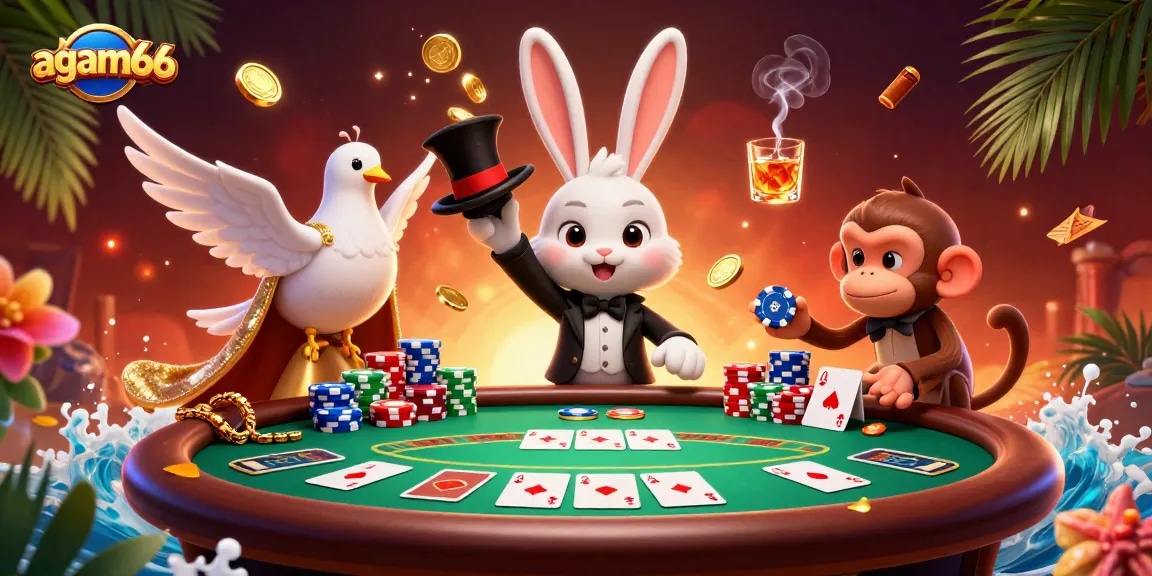 Win big at agam66 with a magician rabbit pulling gold coins and poker chips in a thrilling casino scene.