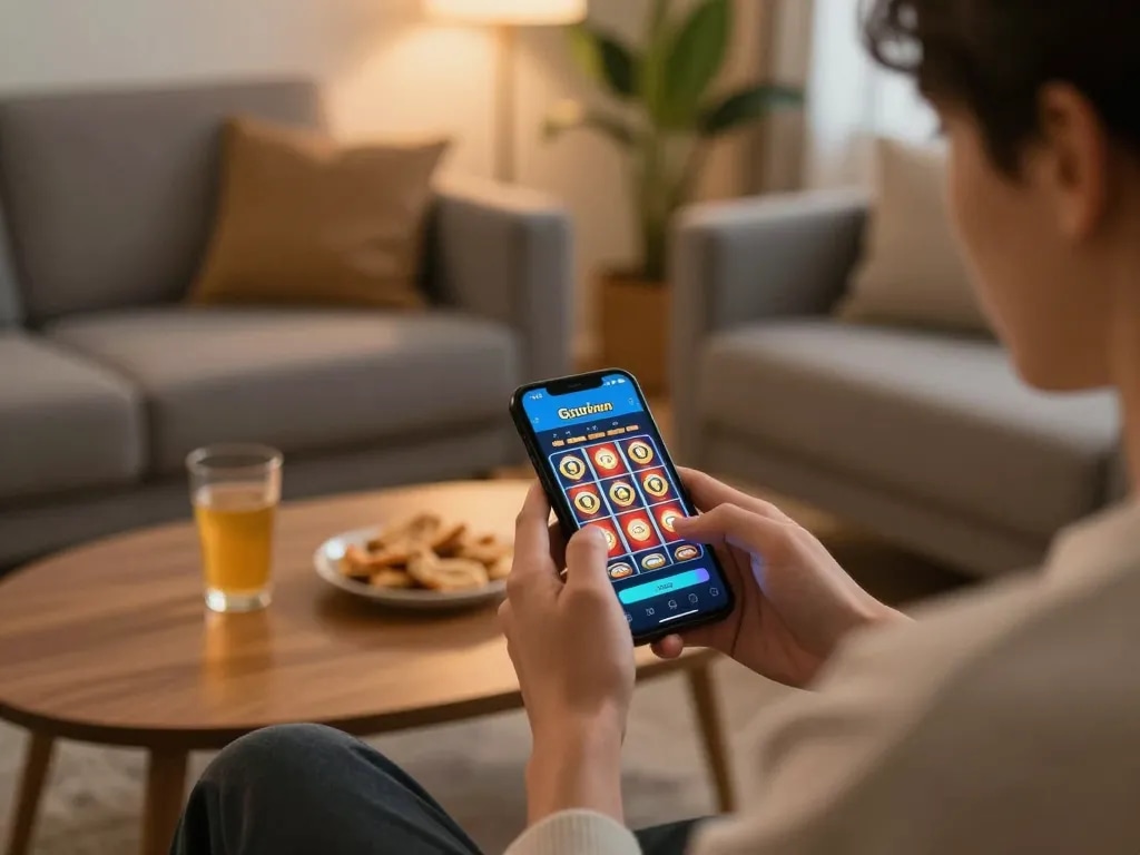 Engaging with the slot gacor maxwin app on a smartphone in a cozy home setting.
