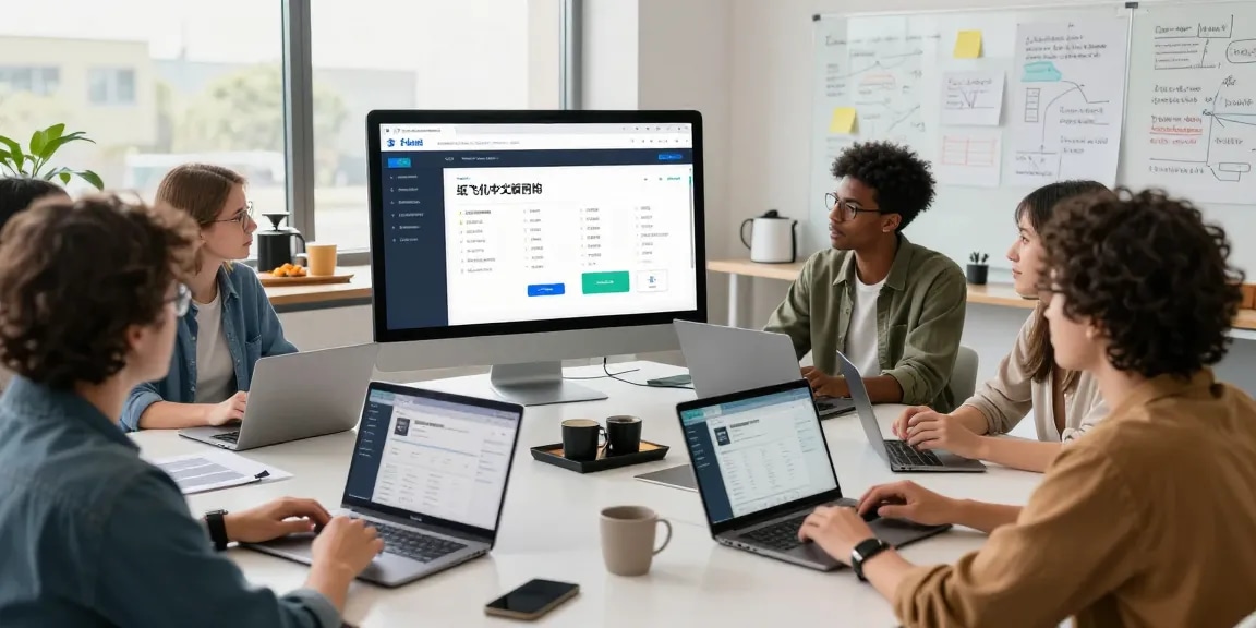 Team collaborating on 纸飞机中文版官网 interface in a modern tech workspace