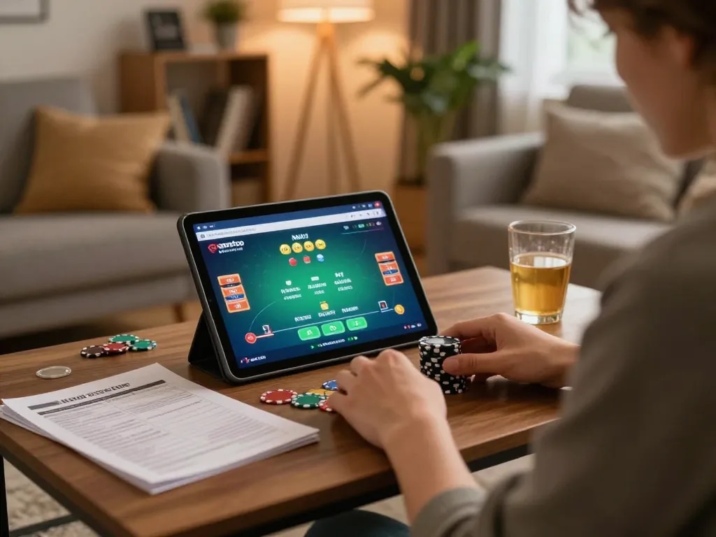 Person playing on sites not on gamstop in cozy home environment, showcasing online casino gaming.