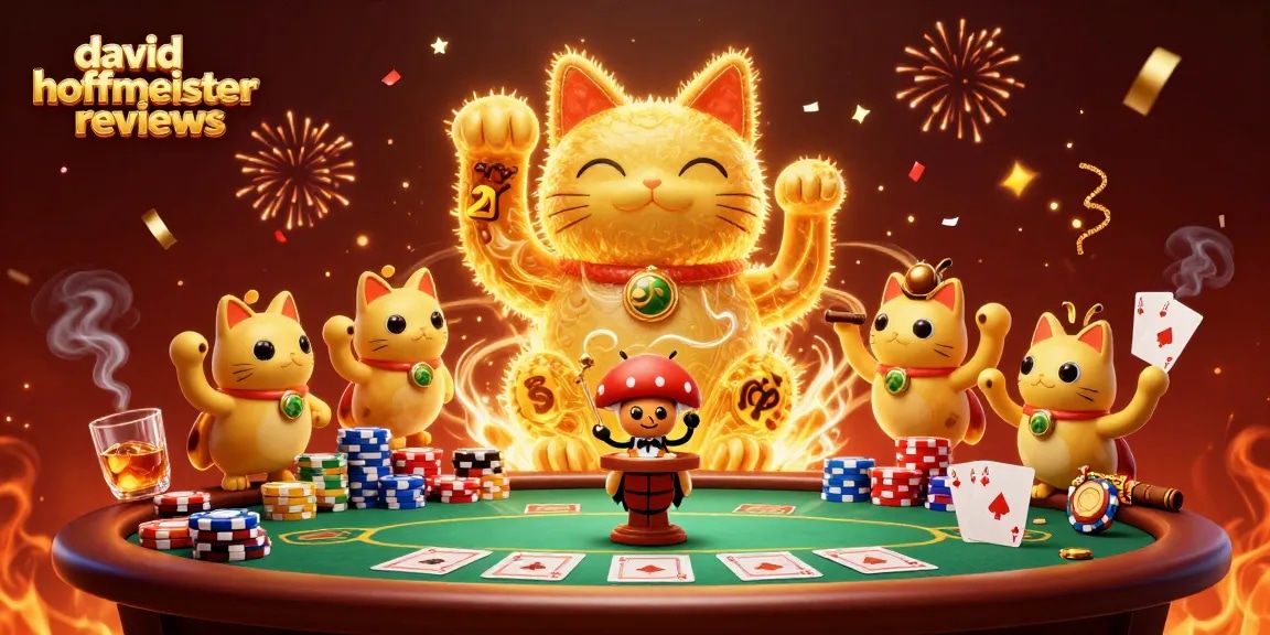 Engage with david hoffmeister reviews as a lucky cat embodies casino luck amidst poker elements.