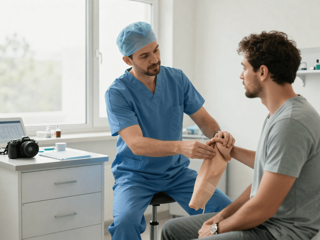 Bel fıtığı ameliyatı consultation with a surgeon in a bright clinic environment.