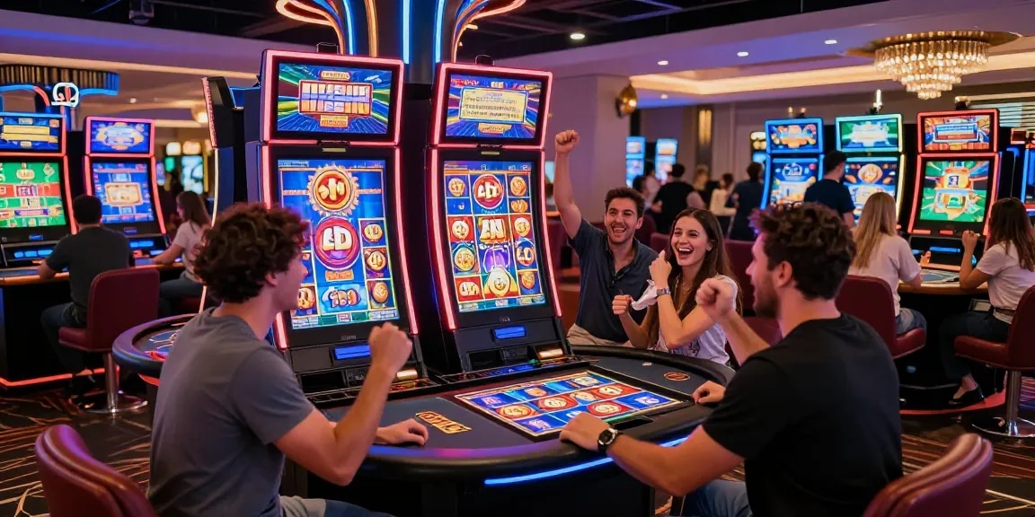 Friends celebrating a big win at a vibrant slot machine in a bustling casino.
