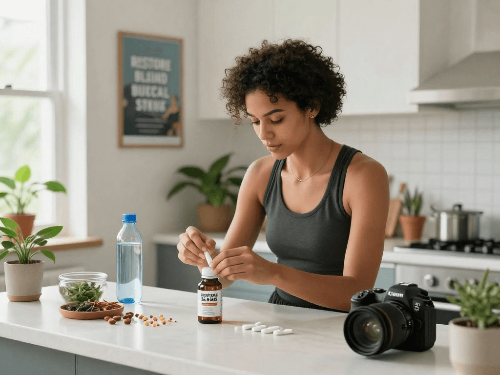 BPC 157 Side Effects highlighted in a modern wellness space with health supplements and a bright environment.