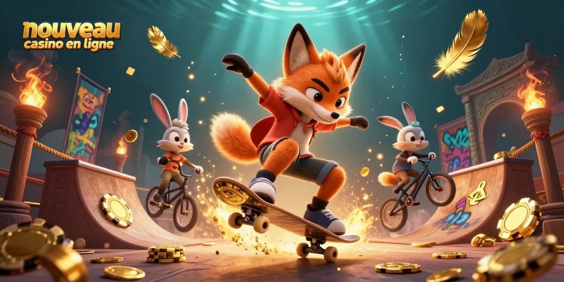 Jouer au nouveau casino en ligne avec un renard skate et un lapin BMX dans une scène dynamique colorée.