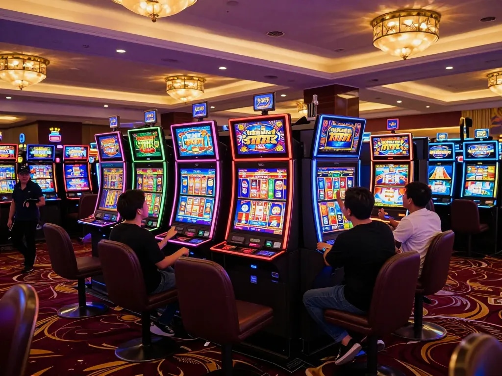 Players experiencing excitement at slot gacor 777 machines with vibrant lights and cheers.