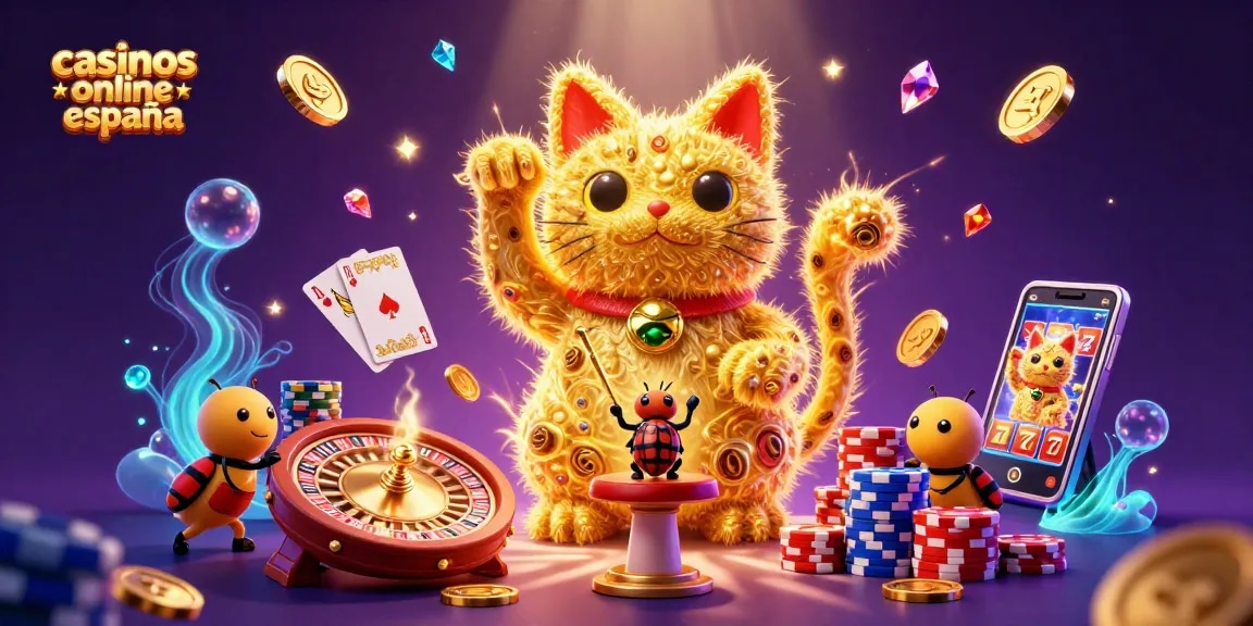 Una escena vibrante de casinos online en España con un gato de la suerte y símbolos de juego.
