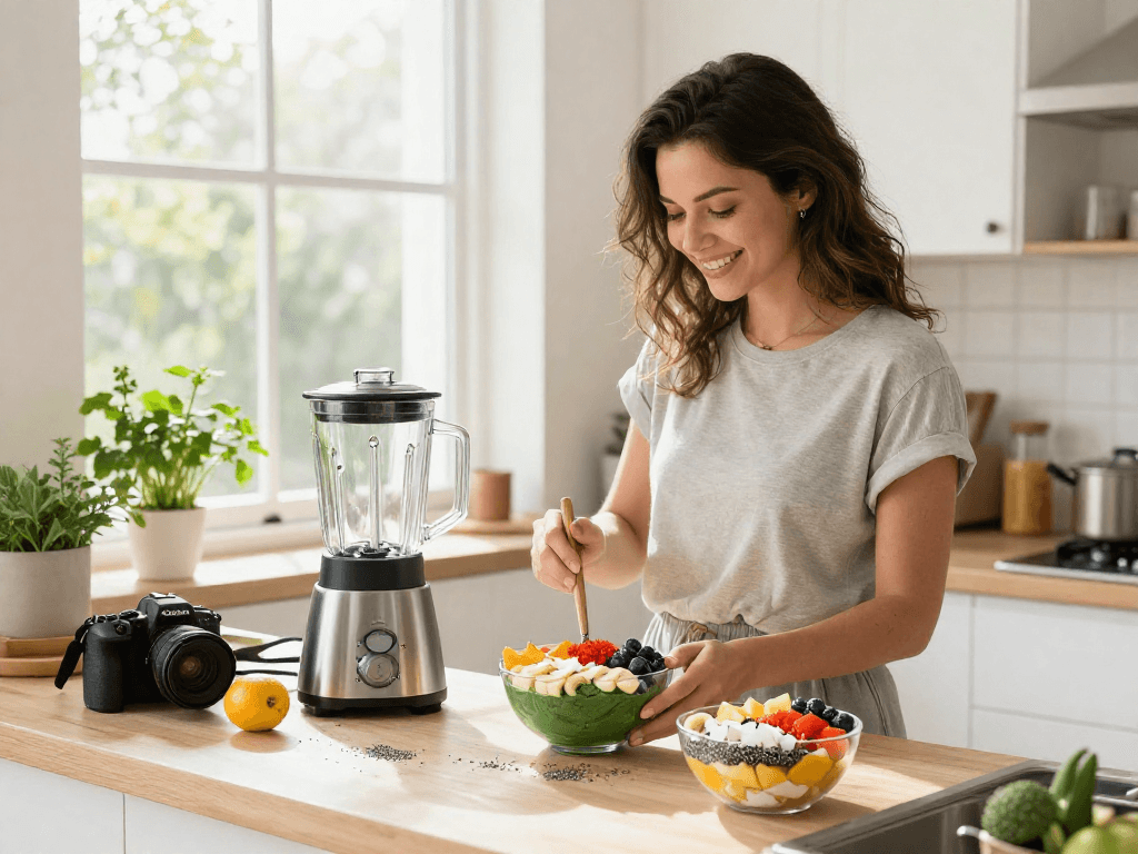 Preparing a smoothie bowl with natural astaxanthin-rich ingredients in a bright kitchen.