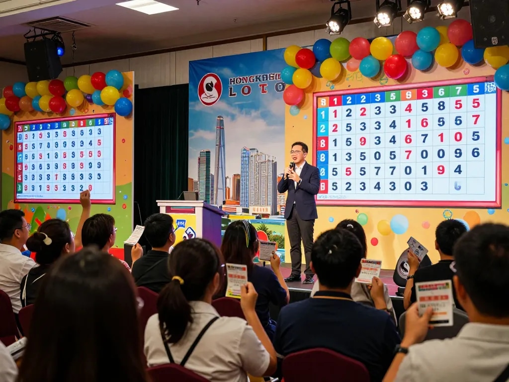 Excited crowd at Hongkong Lotto live draw event, vibrant celebration atmosphere.