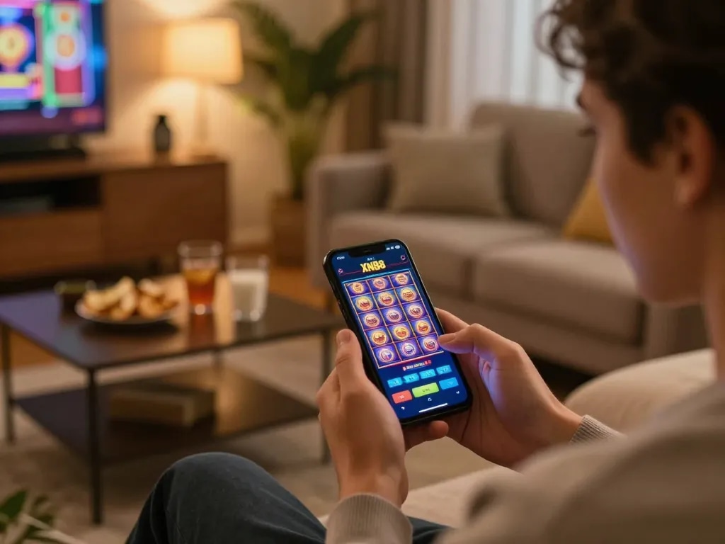 Player enjoying XN88 mobile gaming with vibrant graphics, cozy home setting.