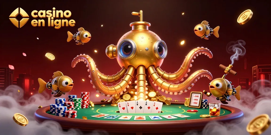 Découvrez le casino en ligne avec des jeux saisissants et un kraken en action parmi des pièces dorées.