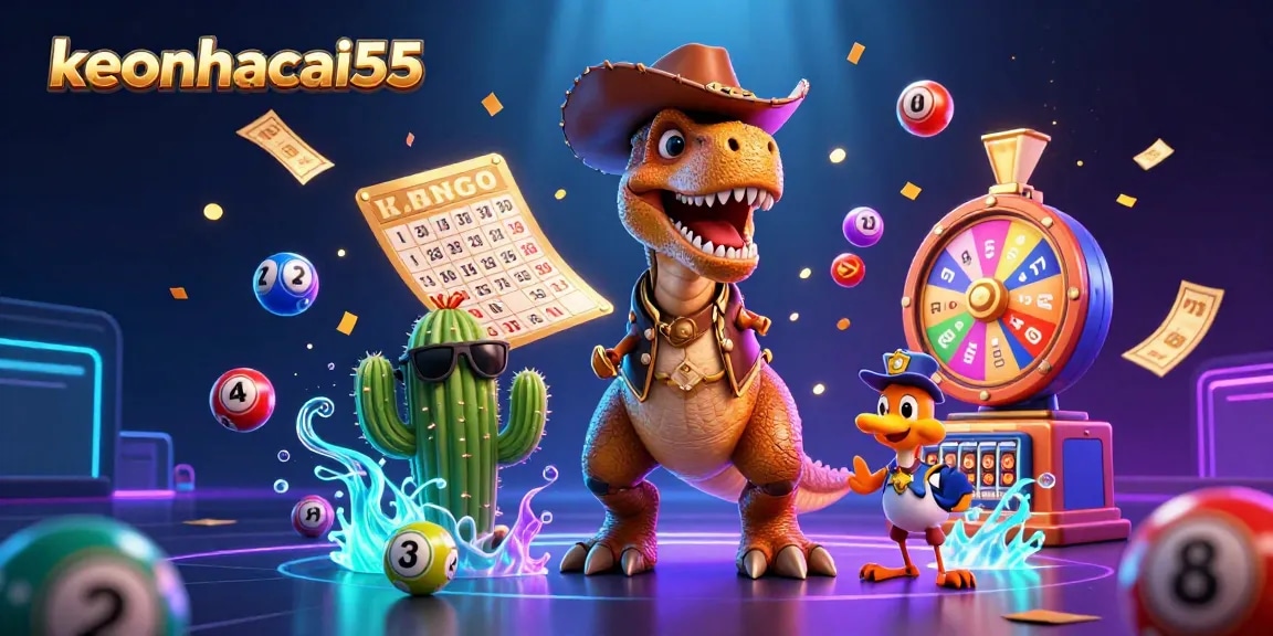 Engage with keonhacai55 in a vibrant, dynamic lottery scene showcasing thrilling game elements and lively characters.