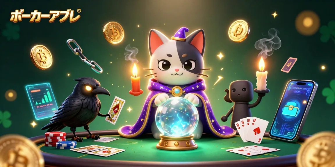 ポーカーアプリでアクションを楽しむキャットとカラスが登場する幻想的なシーン