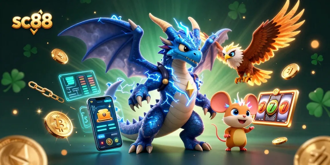Experience thrilling excitement with sc88 casino and slots, featuring vibrant cartoon dragons and crypto coins.