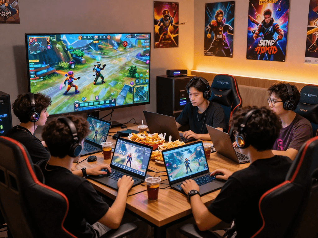 Gamers engaging in a lively porngame session, showcasing competitive spirit and excitement.