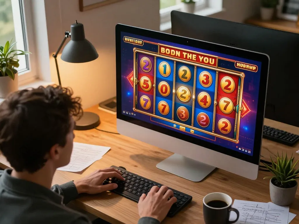 Pemain Bintangmpo merayakan kemenangan jackpot sambil bermain game slot online di rumah.
