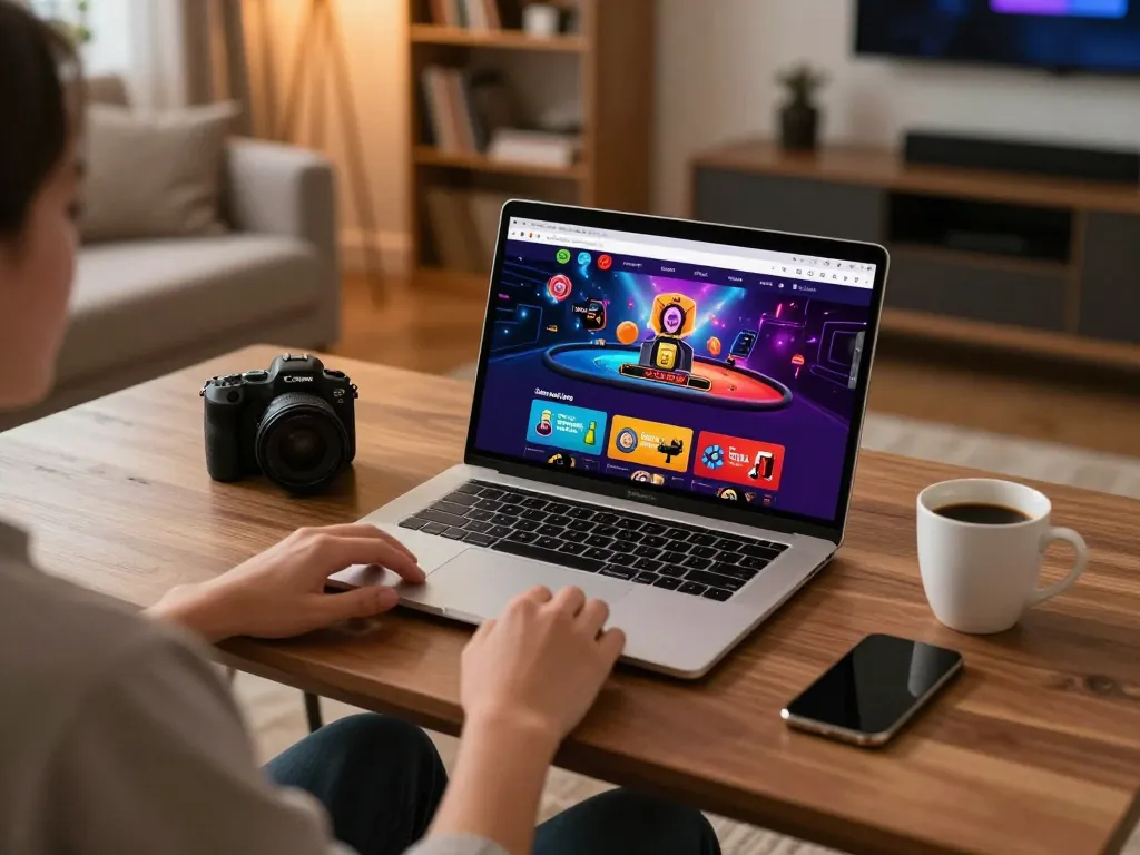 Player enjoying online gaming session with 789win app, laptop displaying vibrant casino interface.
