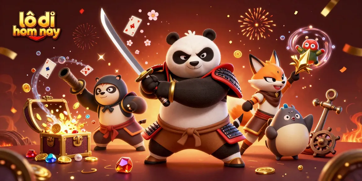 Engage with lô đề hôm nay through vibrant 3D samurai panda and treasure-filled casino scene.