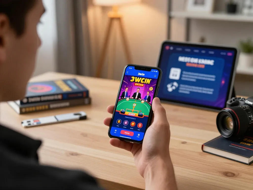 Player engaging in online gaming with the 3win app, showcasing interactive casino elements in a modern home setting.