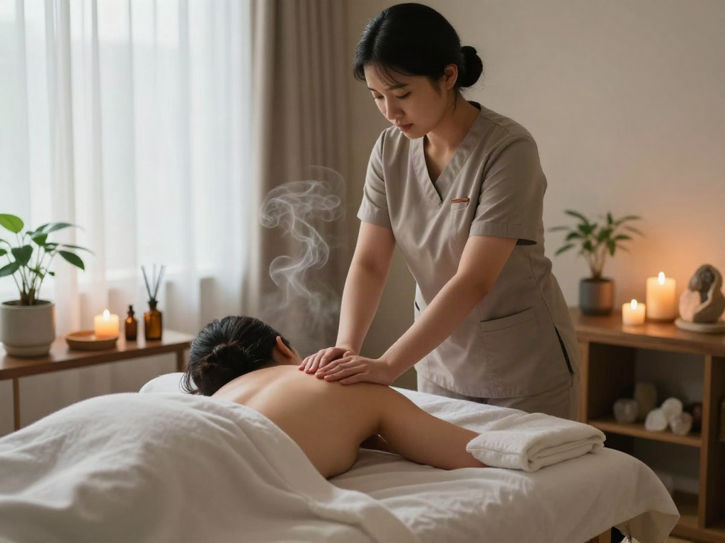 Relaxing 백석동출장마사지 scene with a therapist and calming environment.