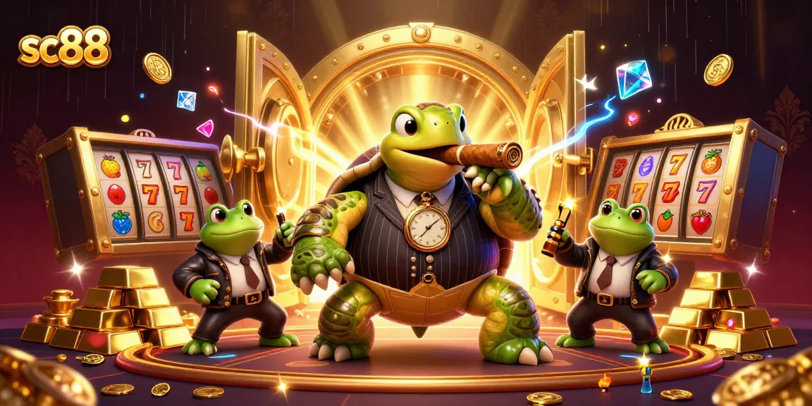 Engage with sc88's dynamic casino scene, highlighting a bold turtle in mobster attire surrounded by vibrant gaming elements.
