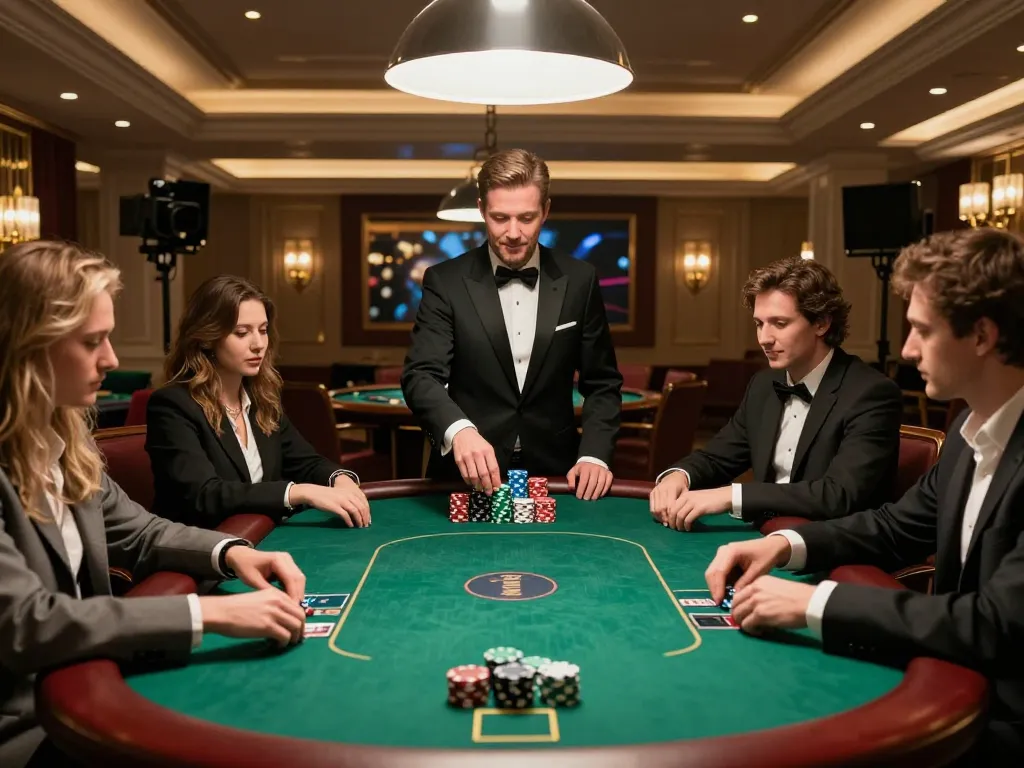 lc88 poker players strategizing during an intense game in upscale casino setting