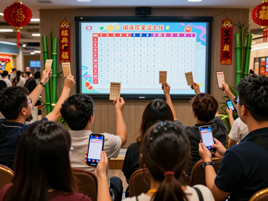 Excited players watching Hongkong Lotto results live in an urban setting with colorful decor.