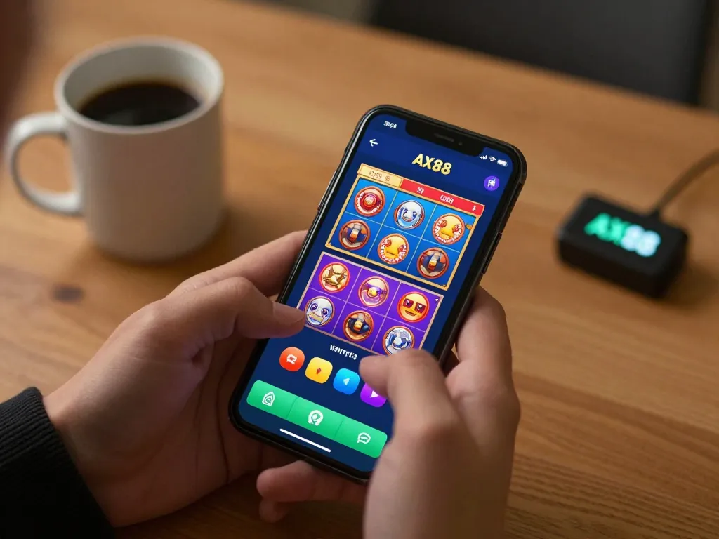 Engaging with the AX88 app for mobile gambling, highlighting easy access to slot games.