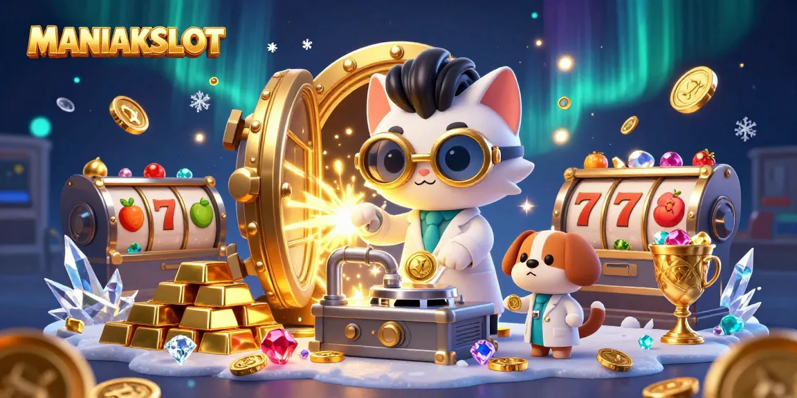 Engage in the thrill of MANIAKSLOT with explosive gold and slot reels in a vivid casino scene.