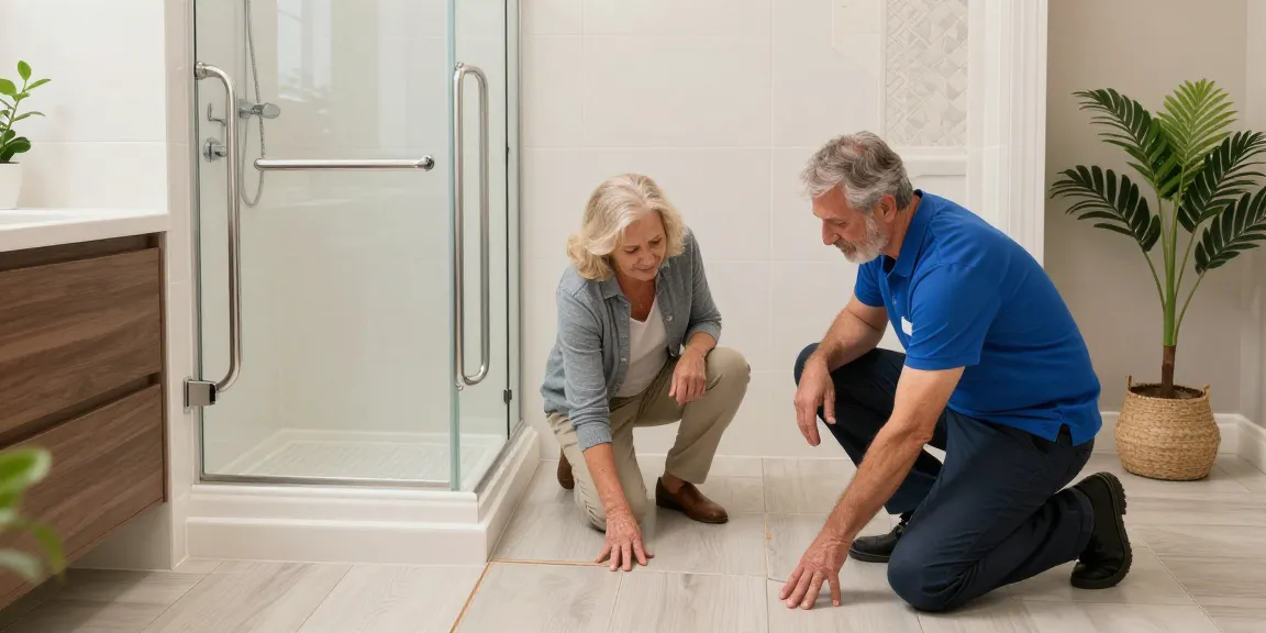 Safe home renovation for 安家 with elderly couple in a modern bathroom focusing on accessibility features.