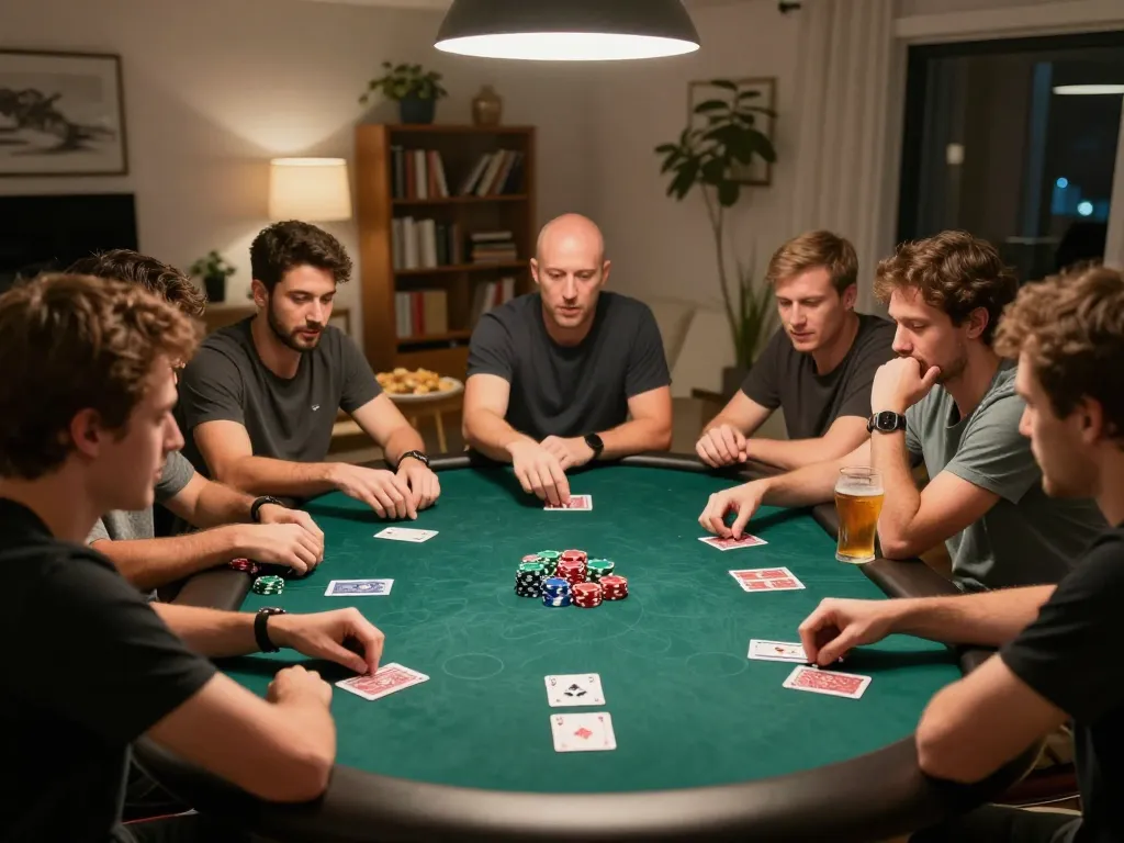 Friends enjoying an exciting poker game at home with Sunwin layouts and engaging interactions.