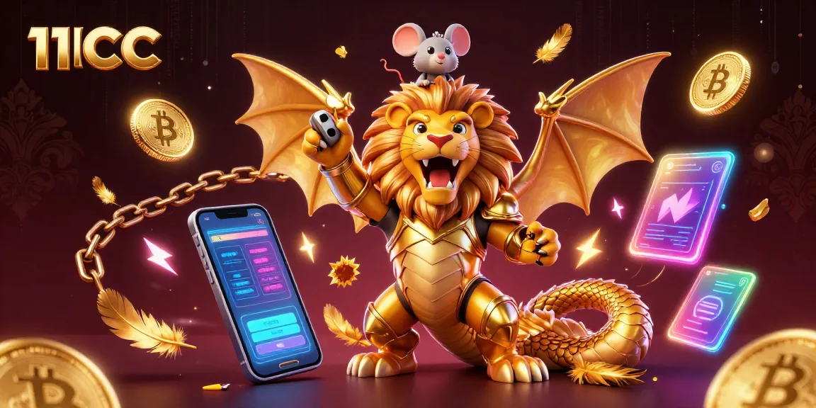 Bet on 11CC with a dynamic illustration of a lion-headed chimera in a vibrant casino scene.