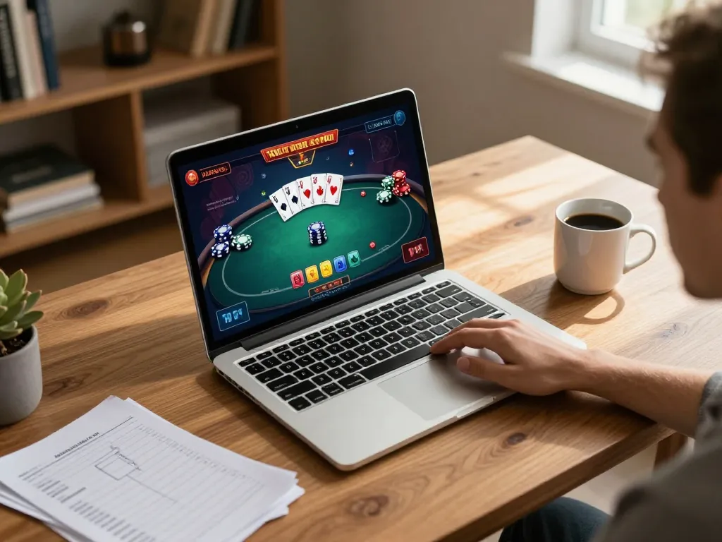 Engaging online poker session with slot depo 4k game interface displayed, showcasing vibrant gameplay and strategic focus.