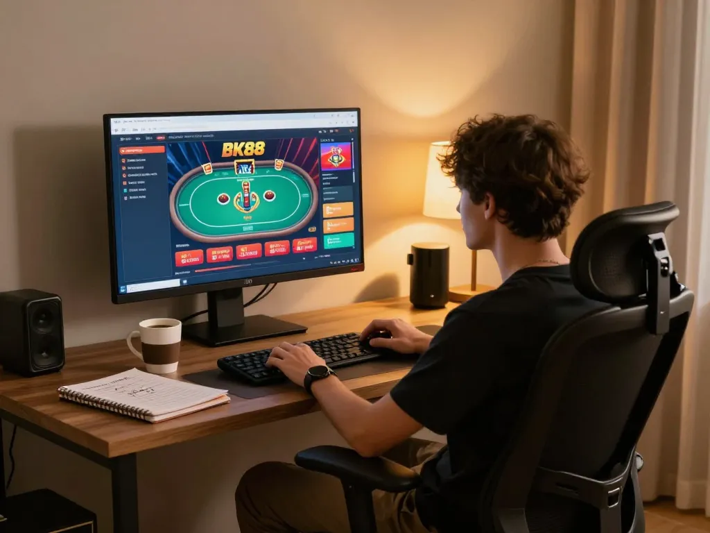 Enjoying a thrilling BK88 online poker game at home, showcasing strategic gameplay in a cozy setup.