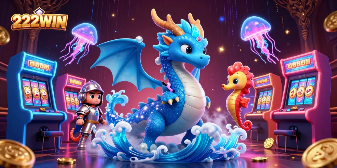 Engage with 222WIN's vibrant casino experience featuring a dragon, seahorse knight, and neon gaming elements.