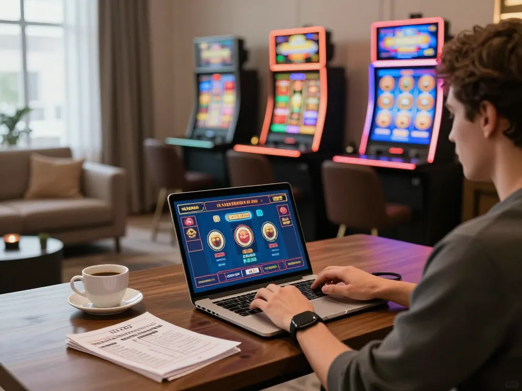 Engaging gameplay at online casinos Canada with a person gaming on a laptop, showcasing responsible gambling.